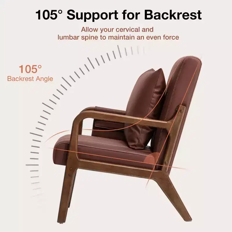 Hommpa Mid-century Accent Chair Ergonomic Leather Armchair with Wood Frame & Lumbar Pillow Brown