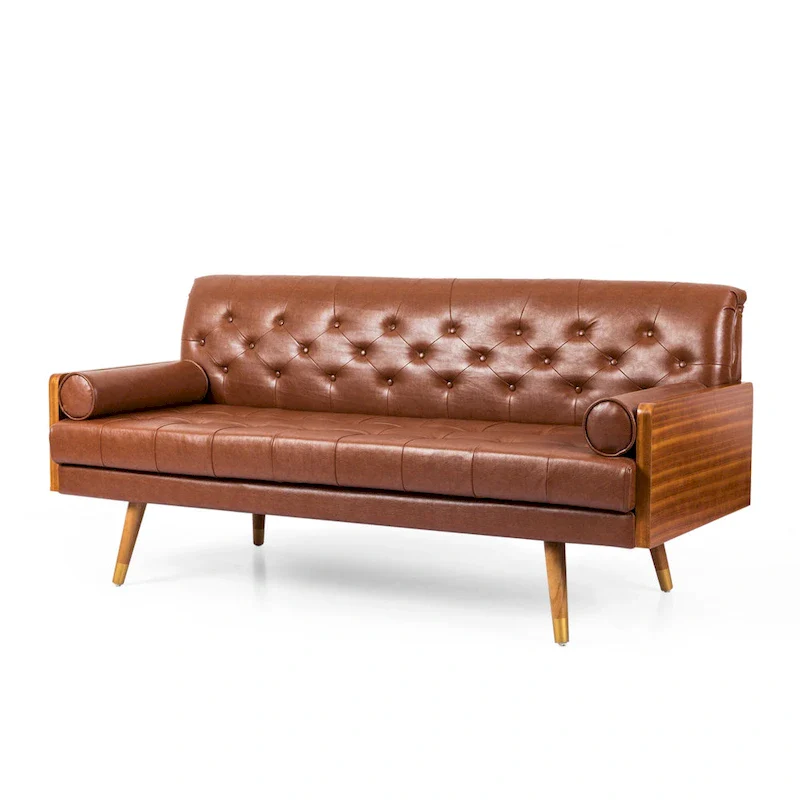 Cognac Brown Mid-Century Tufted 3-Seat Sofa