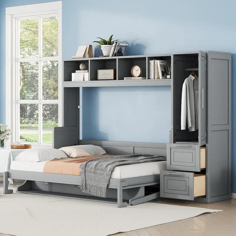 Full Size Murphy Wall Bed with Closet & Drawers, Gray/White, Kids Boys & Girls, 1-Person