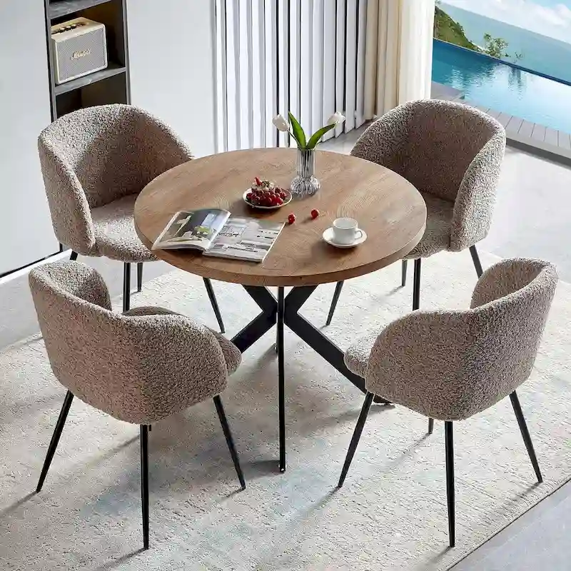 Round Dining Table Set with Sherpa Arm Chairs, Space Saving