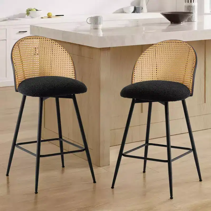 Bekrvio 29 Mid-Century Modern Swivel Bar Stools Set of 2/3/4, Boucle Upholstered Bar Chairs with Rattan Back & Metal Legs for Kitchen Counter