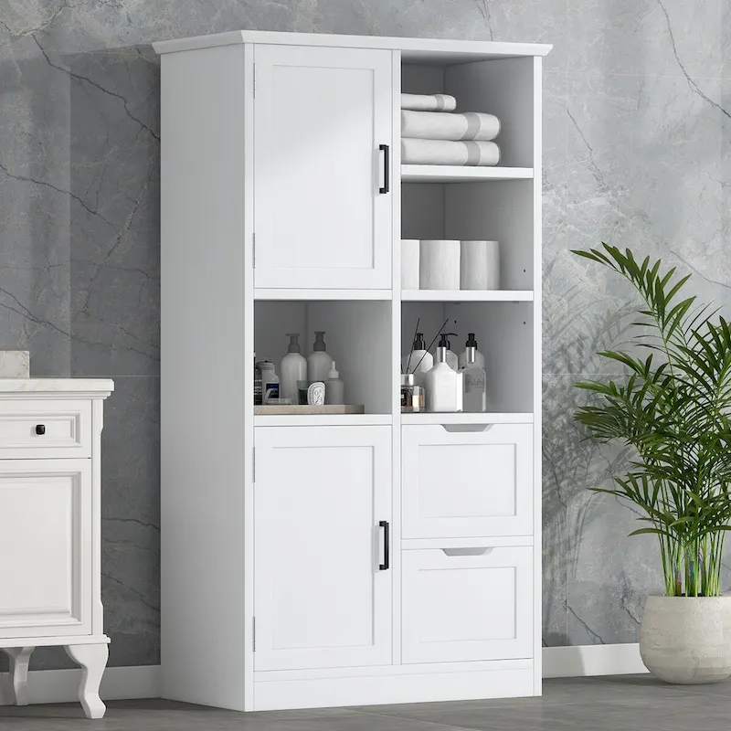 31 in. W x 16 in. D x 62 in. H White Linen Cabinet with Open Shelves and Drawers