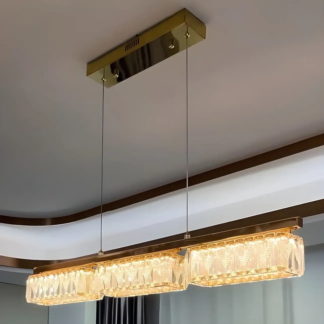Kitchen Modern Crystal Gold Rectangular Pendant Light