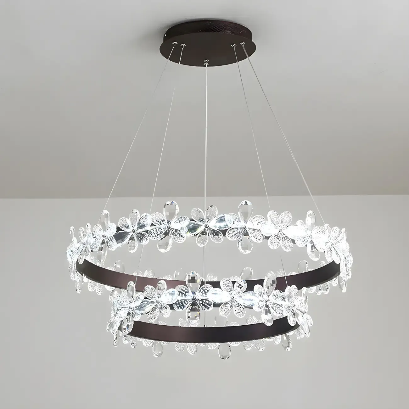 Modern Gold Dimmable LED Flower Crystal Ring Chandelier