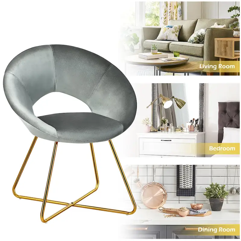 Costway Modern Velvet Accent Chair Upholstered Vanity Chair w/Golden - See Details