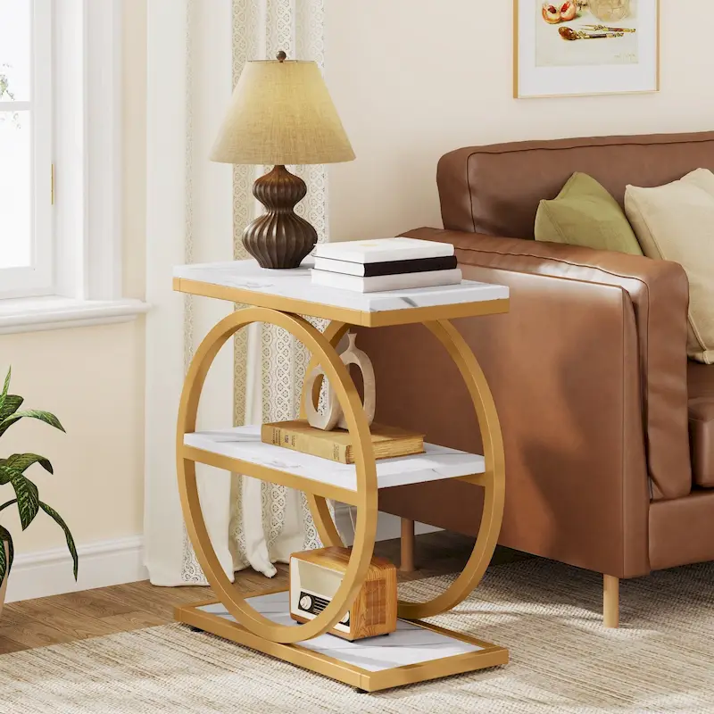 Industrial 3-Shelf Narrow End Table – Brown / Grey / Oak / Yellow