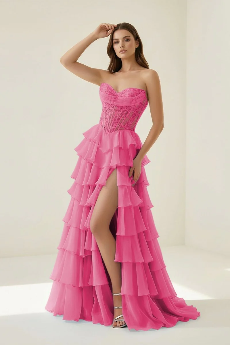 Hot Pink - Strapless A Line Chiffon Ruffled Prom Dresses With Appliques