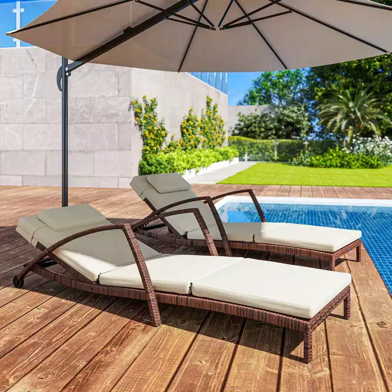 Set of 2 Wicker Chaise Lounge Chair Outdoor Patio Lounger with 5 Adjustable Back, Wheels, Cushion, and Armrests