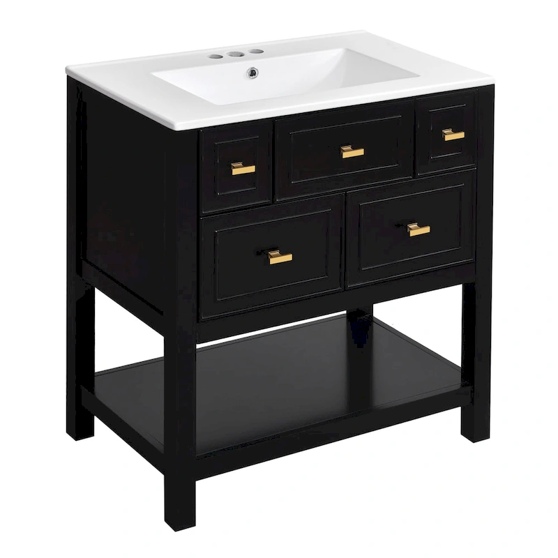 30 Bathroom Vanity with Ceramic Sink Combo, Free Standing Single Vanity Set with 5 Drawers