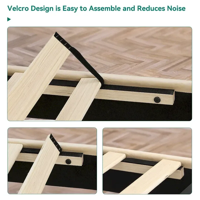 Queen Upholstered Bed Frame with Beige Velvet Headboard and Wingback