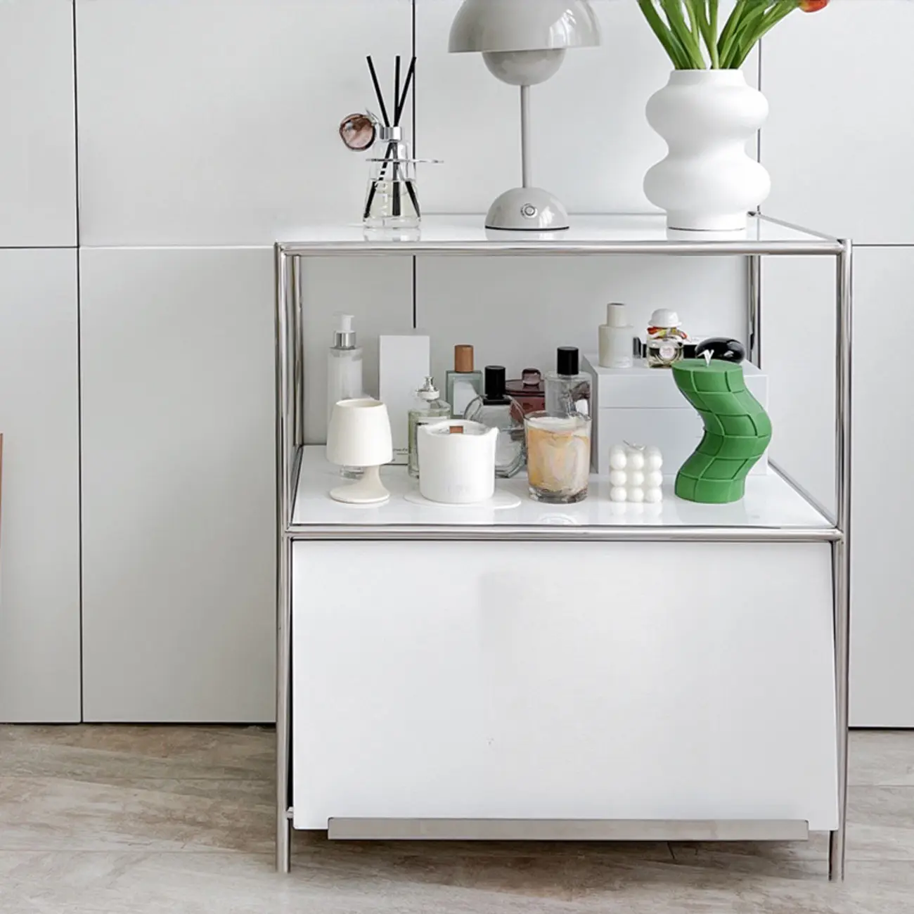 Modern Steel Nightstand with Drawer and Open Shelf