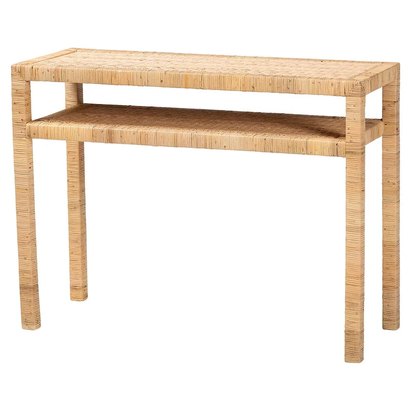 Light Honey Bohemian Rattan & Acacia Wood Console Table with Open Shelf