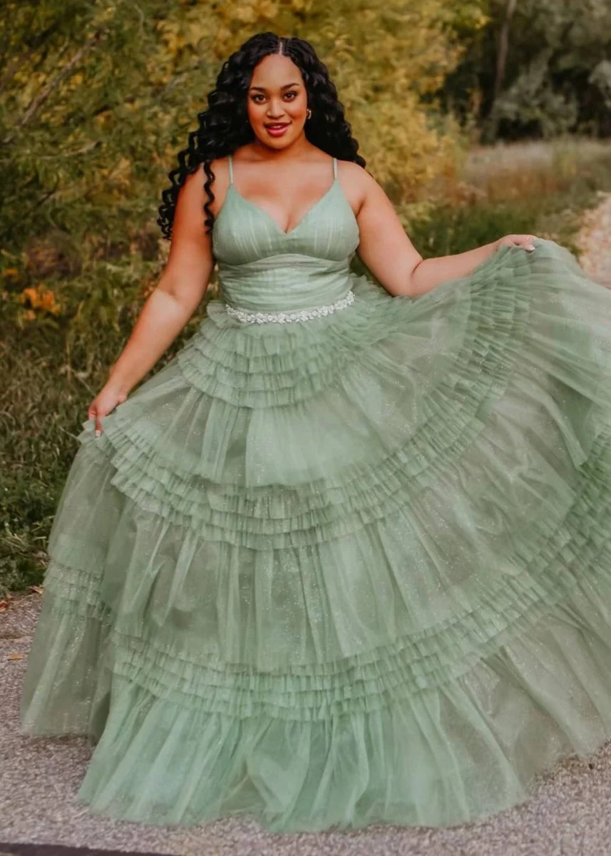 A-Line Spaghetti Straps Long Tiered Tulle Prom Dress With Split