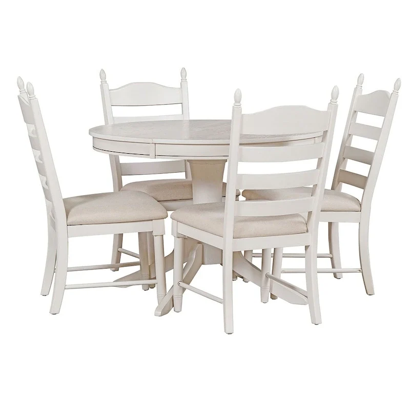 Wooden Round Drop Leaf Extendable Dining Table Set with 4 Upholstered Chairs