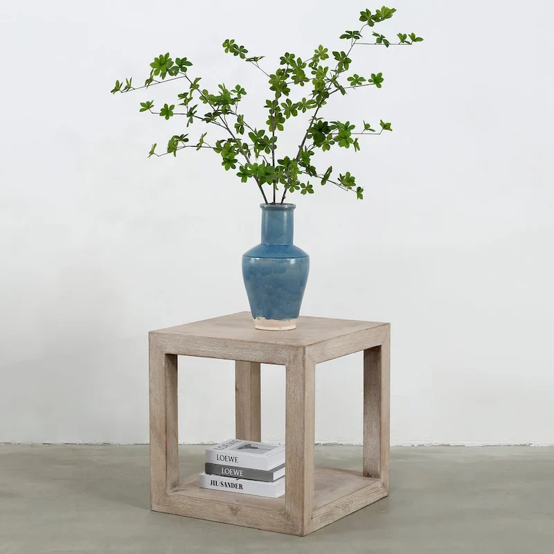 Peking Grand Framed Square Side Table, 22 Inch Tall, Weathered White Wash Finish