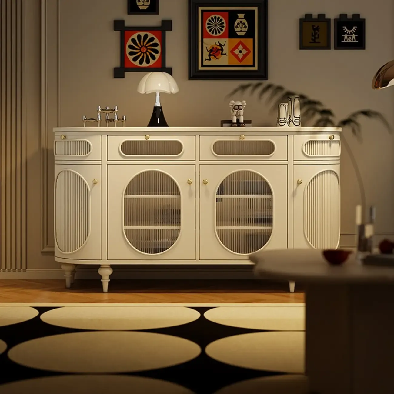 55 L French White/Black Oval Sideboard Cabinet with Glass Doors