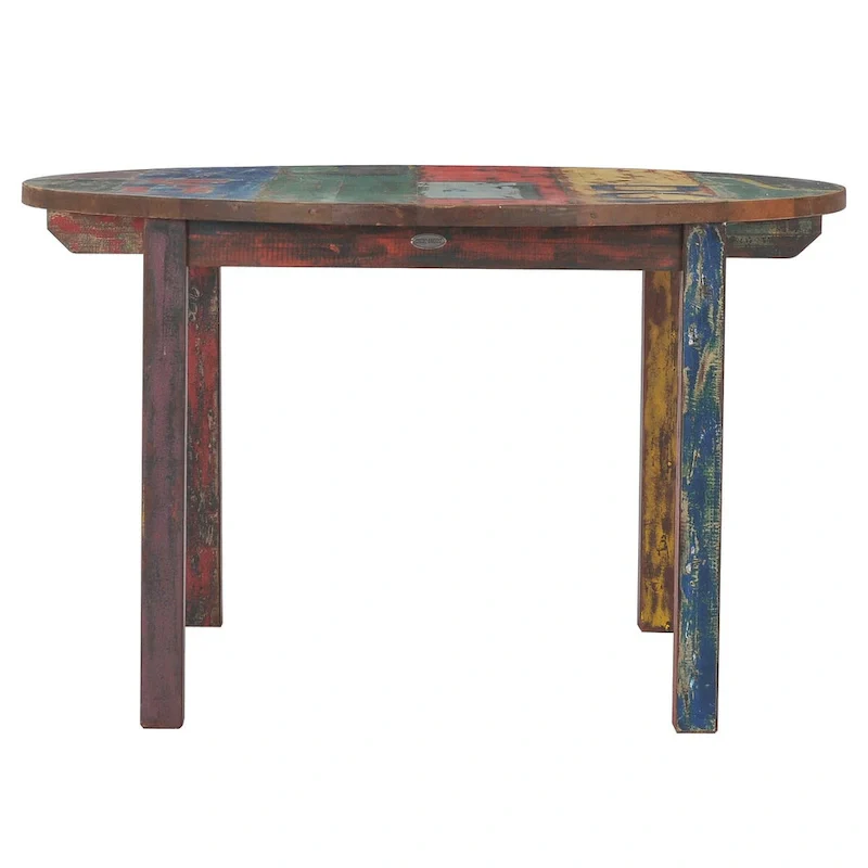 Chic Teak Round Dining Table made from Recycled Teak Wood Boats, 48 inch - Multi