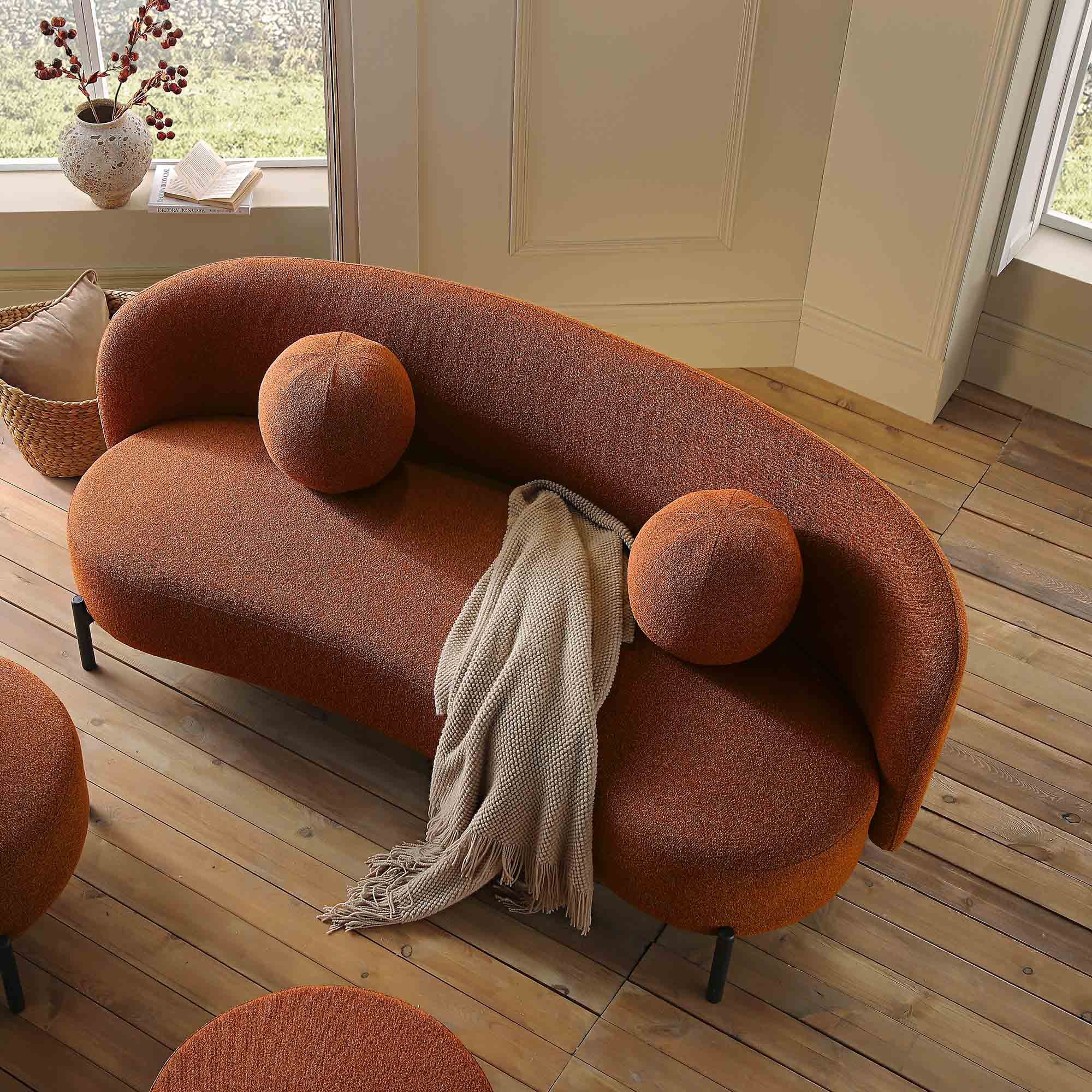 3-Seater Curved Sofa with Ball Cushions, Brick Boucle