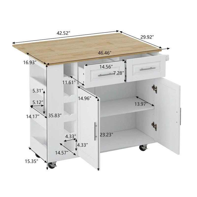 46.46Multi-Functional Kitchen Island Cart with Spice Rack,Wine Rack,Towel Holder and Foldable Rubberwood Table Top