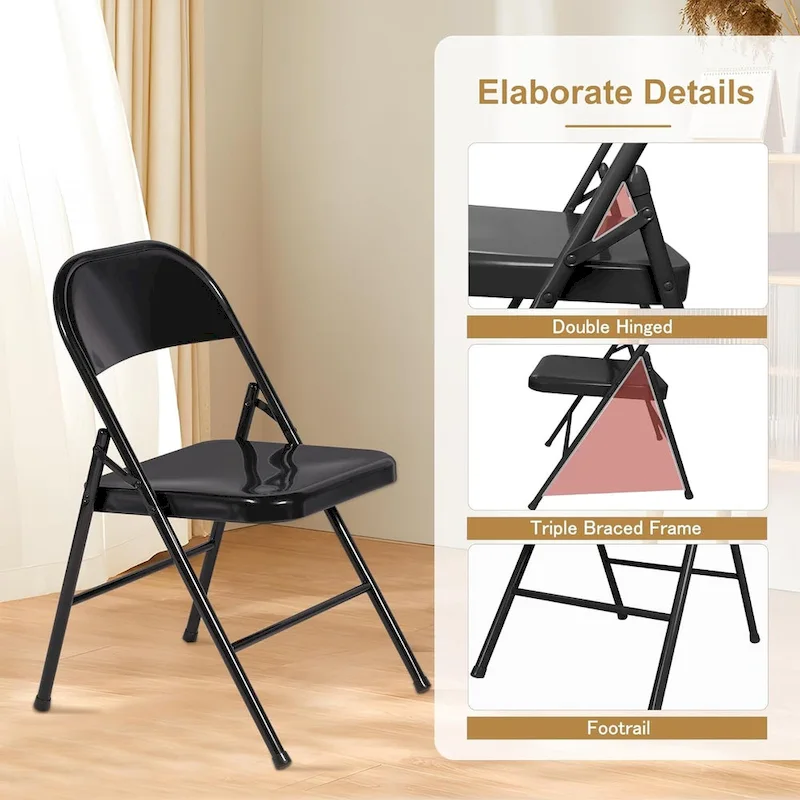 VECELO Folding Chairs Set of 4 Metal Frame Steel Seat with Triple Braced