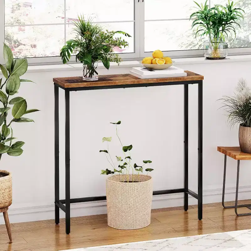 ACOINEL 29.5 Narrow Console Table, Small Thin Entryway Table/Sofa Side Display Table, Rustic Brown & Black Hallway Table