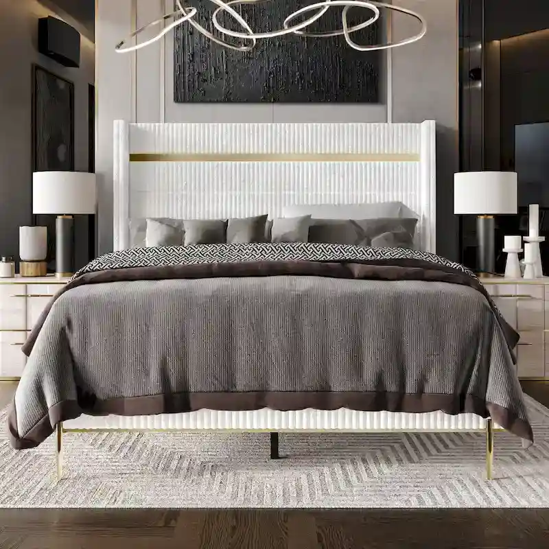 Corduroy Luxurious Gold PU Strip Wingback Velvet Upholstered Bed