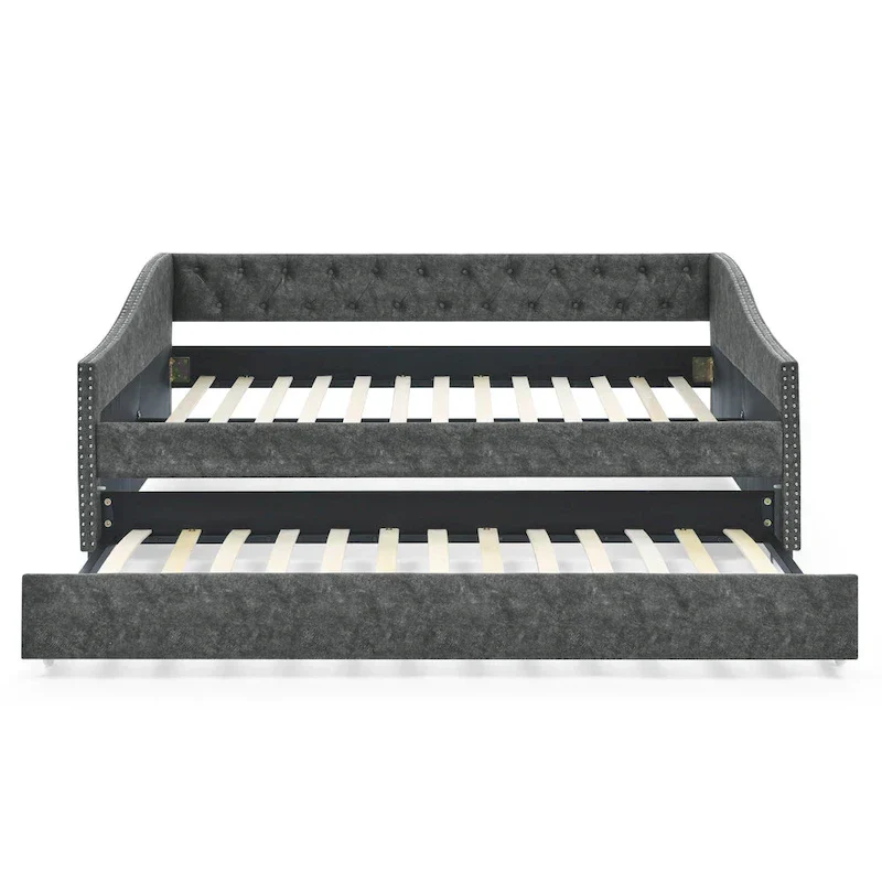 Upholstered Daybed Frame with Trundle & Tufted Backrest