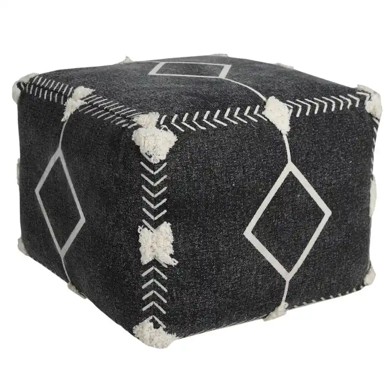 Cotton Geometric Pouf Ottoman – Black, Modern Style, Seats 1