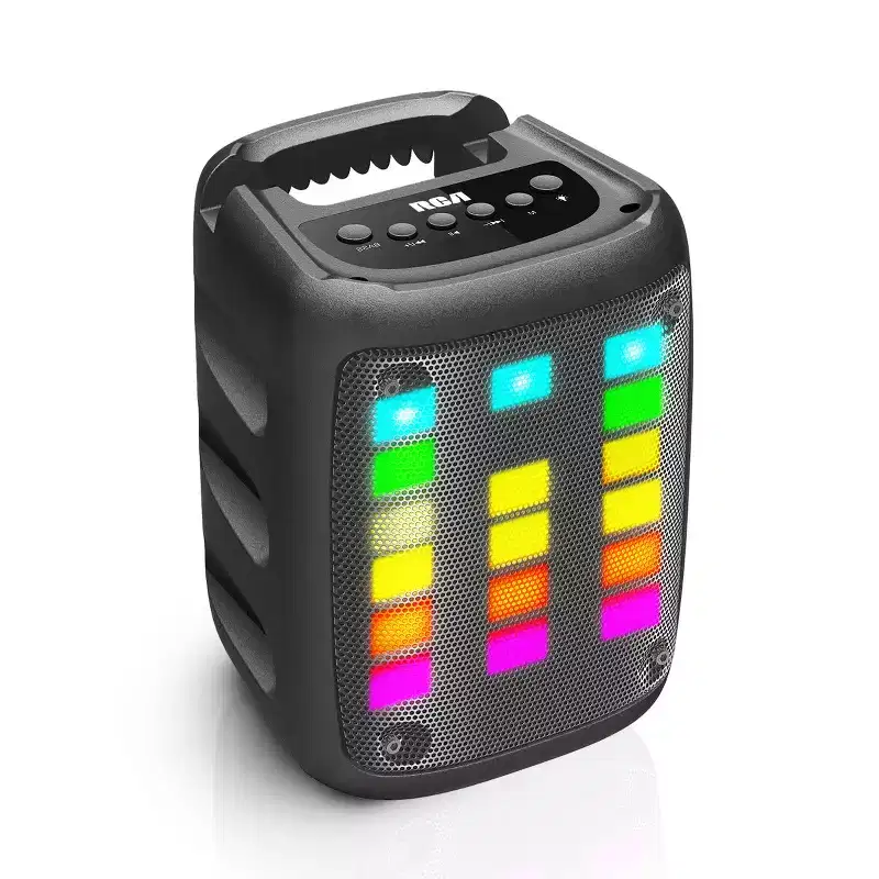 RCA Disco 103 RGB Wireless Mini Portable Party Speaker with LED Show Lights and 3 Woofer