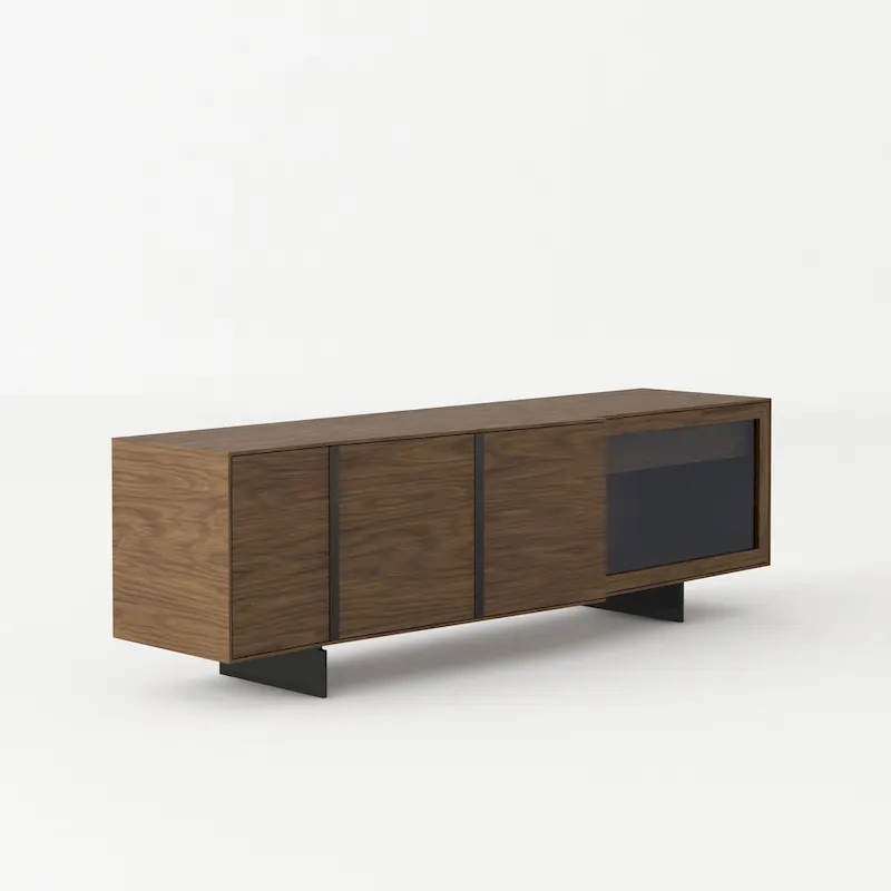 Mid-Century Modern Buffet with Walnut Veneer, Angled Doors & Grey Glass Panel