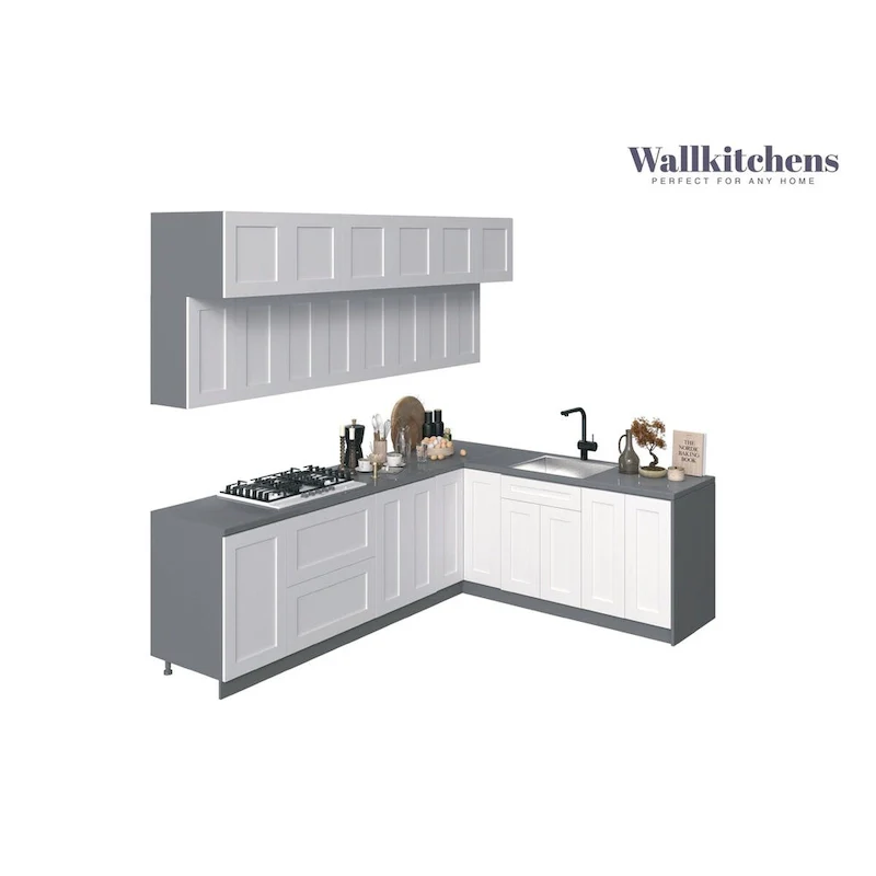 White Matte Modern Kitchen Cabinet Set, 9 ft Wide, 1–2 Person