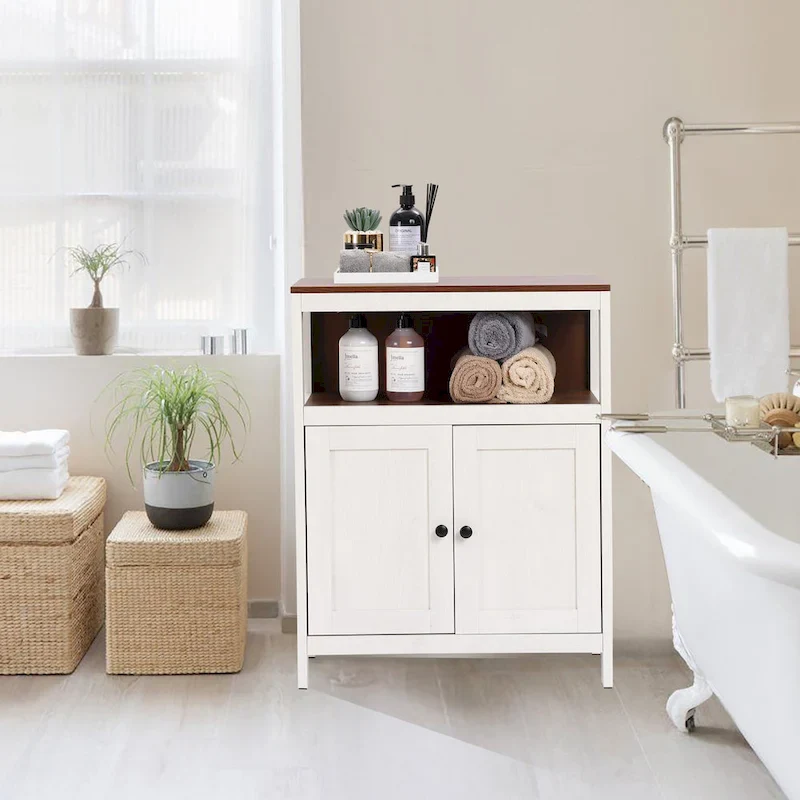 White and Brown Wood 2-Door Bathroom Storage Cabinet - 30.25  H x 23.63  W x 12.4  D