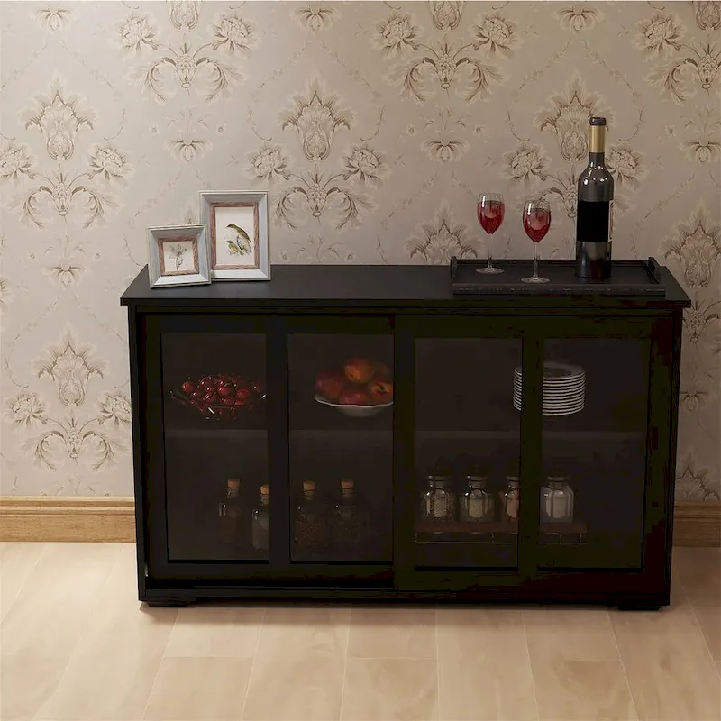 Black Sliding Glass Door Sideboard, Adjustable Shelf, Seats 1–2
