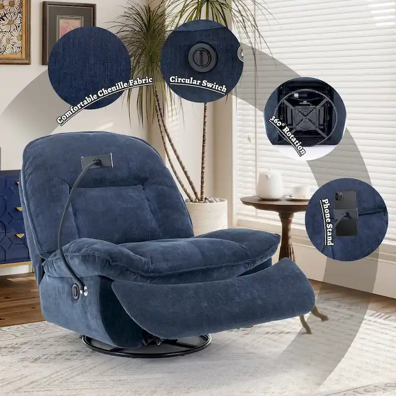 Bronzing fabric swivel recliner with mobile phone bracket