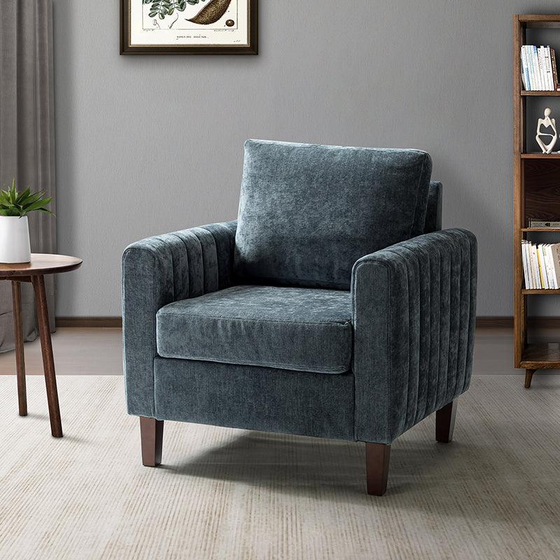 Polyester Channel-Tufted Square Club Armchair with Foam Fill & Walnut Solid Wood Legs | Navy | Single Seat