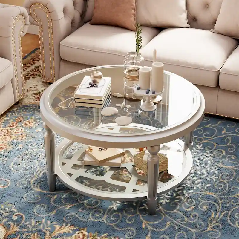 COSIEST Champagne Round Solid Wood Tempered Glass Coffee Table