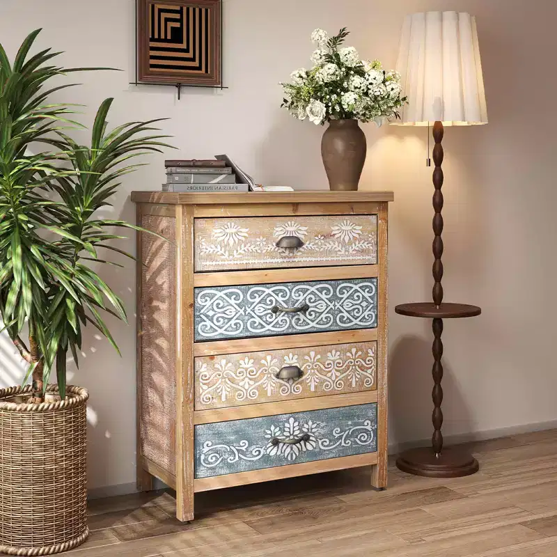 MAYEERTY Vintage 4 Drawer Chest with Distressed Wood & Ornate Pattern Design Rustic Storage Dresser for Living Room