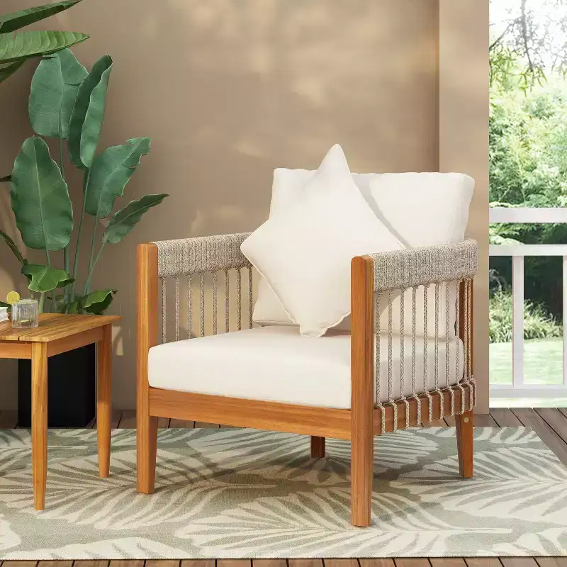 Okak Patio Accent Chairs with Handwoven Rope Frame,1 PCS,Upholstered Outdoor Armchair Acacia Club Chair for Backyard&Garden,400lbs Max