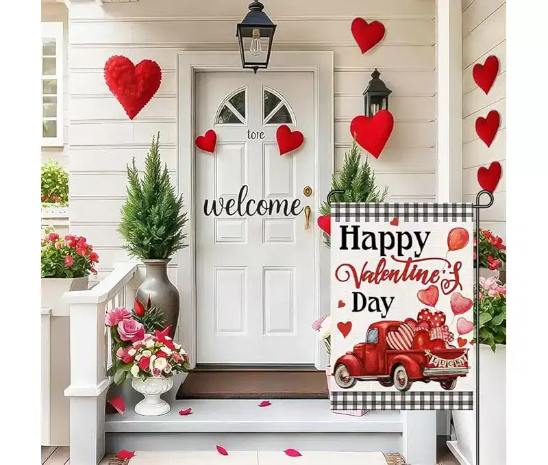 Lomsoe Happy Valentines Day Garden Flag Vintage Red Truck Yard Sign Flag Valentines Day Sign Valentines Day Gift Decor Single Side 12x18Inch