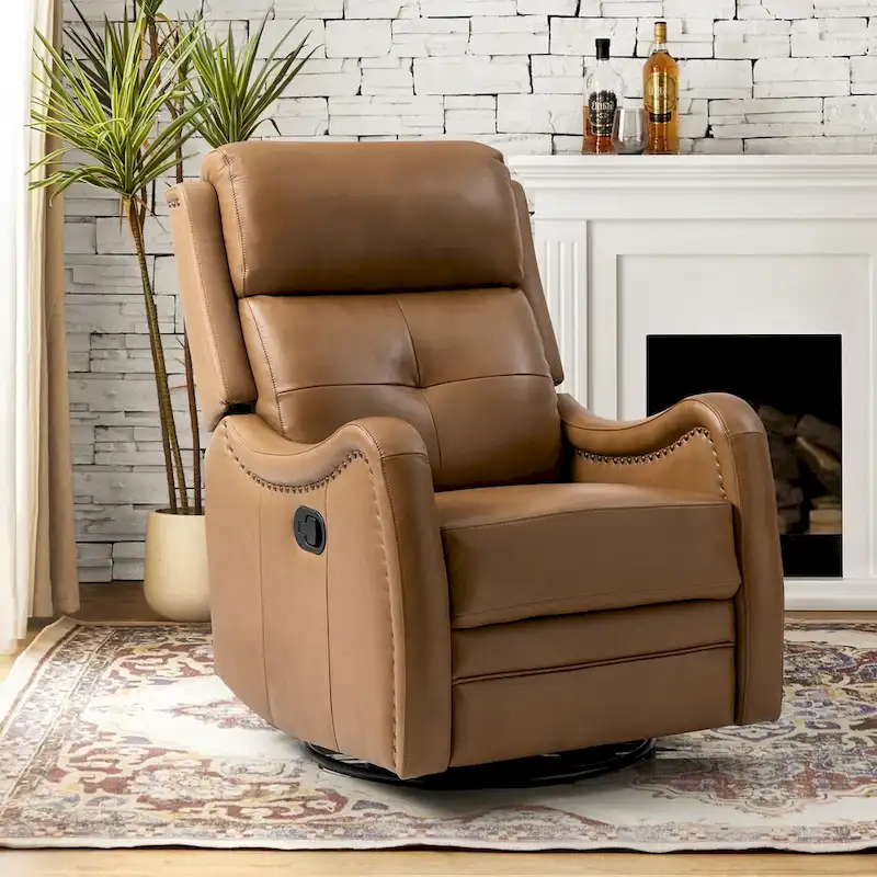 Genuine Leather Swivel Rocker Recliner with Nailhead Trims