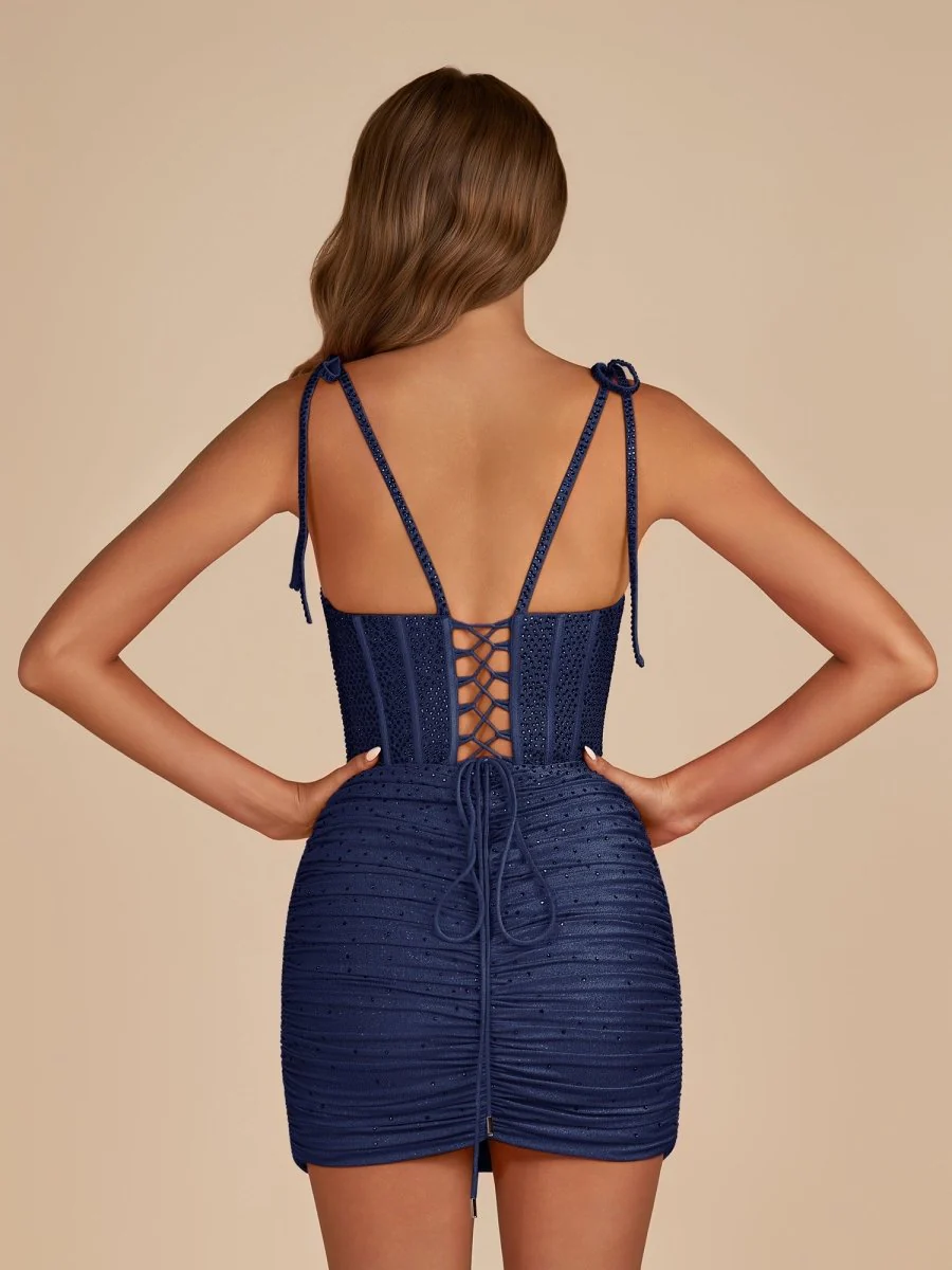 Navy Blue - Bodycon Scoop Neck Beaded Satin Corset Homecoming Dresses with Bow Straps