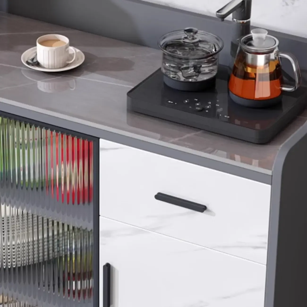 Modish Multi-Compartment Stone-Top Wood Buffet Cabinet