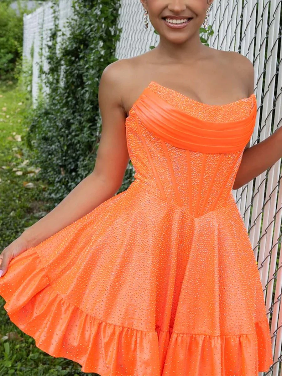 Orange - A Line Scoop Neck Satin Corset Ruffled Homecoming Dresses With Beadings