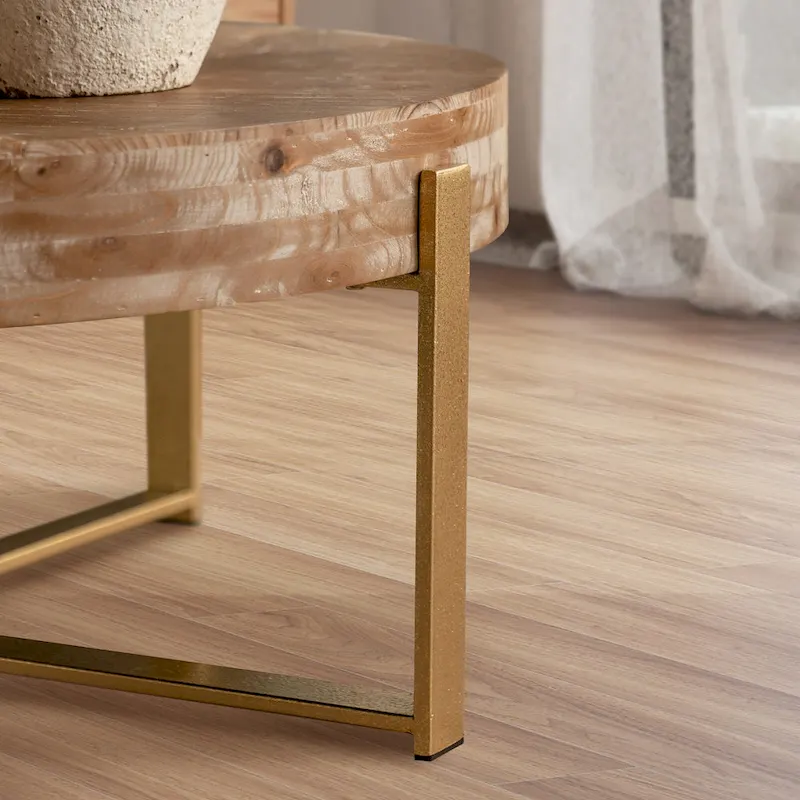 31W Round Coffee Table With Fir Wood Table Top and Metal Frame End Table