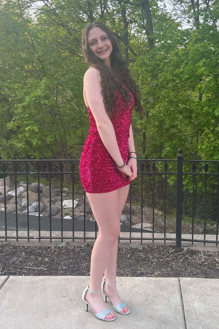 Black Tight Sequins One Shoulder Mini Party Dresses