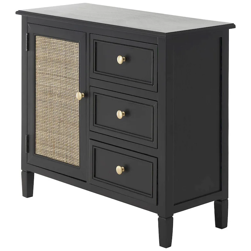 Black Rattan-Door Cabinet, 3 Drawers + 1 Door, 1-Person Assembly