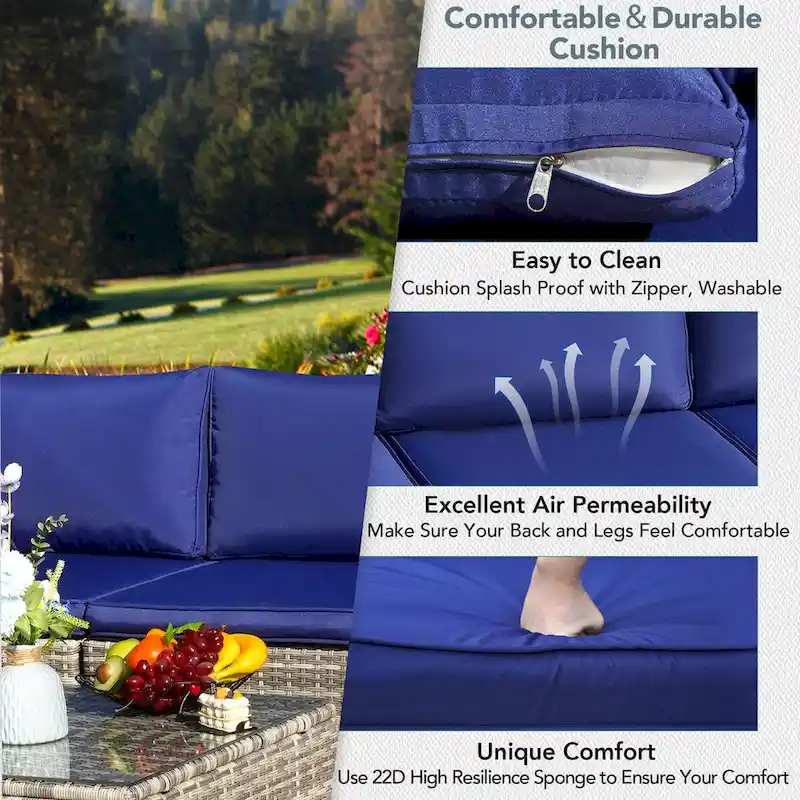 7-Piece Wicker Patio Conversation Set with Cushions and Glass Table