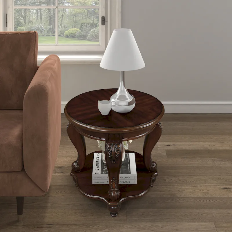 Round End Table with Lower Shelf and Cabriole Legs