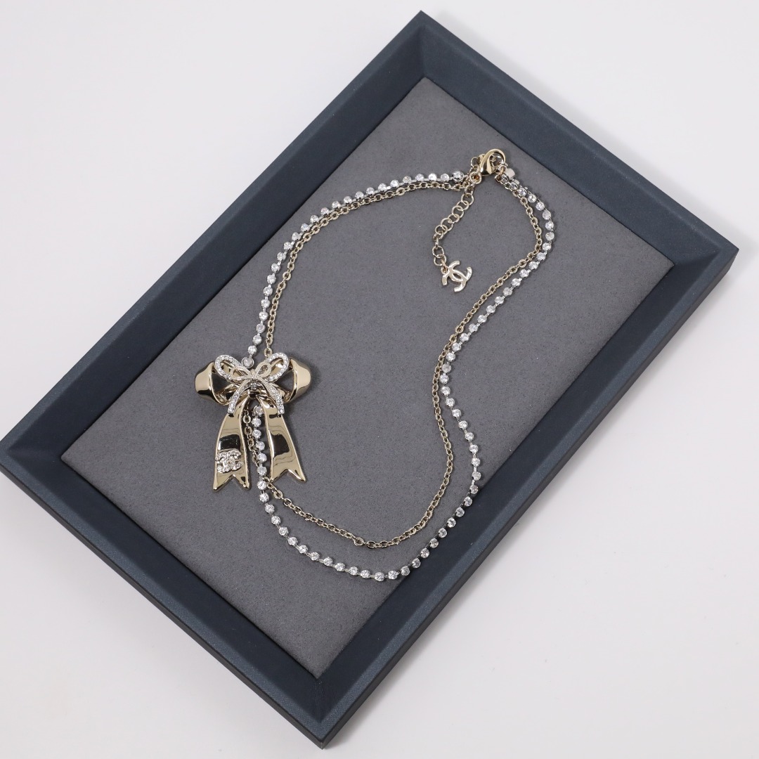 CCN490 Chanel bow double chain choker necklace - ccjewelryacc