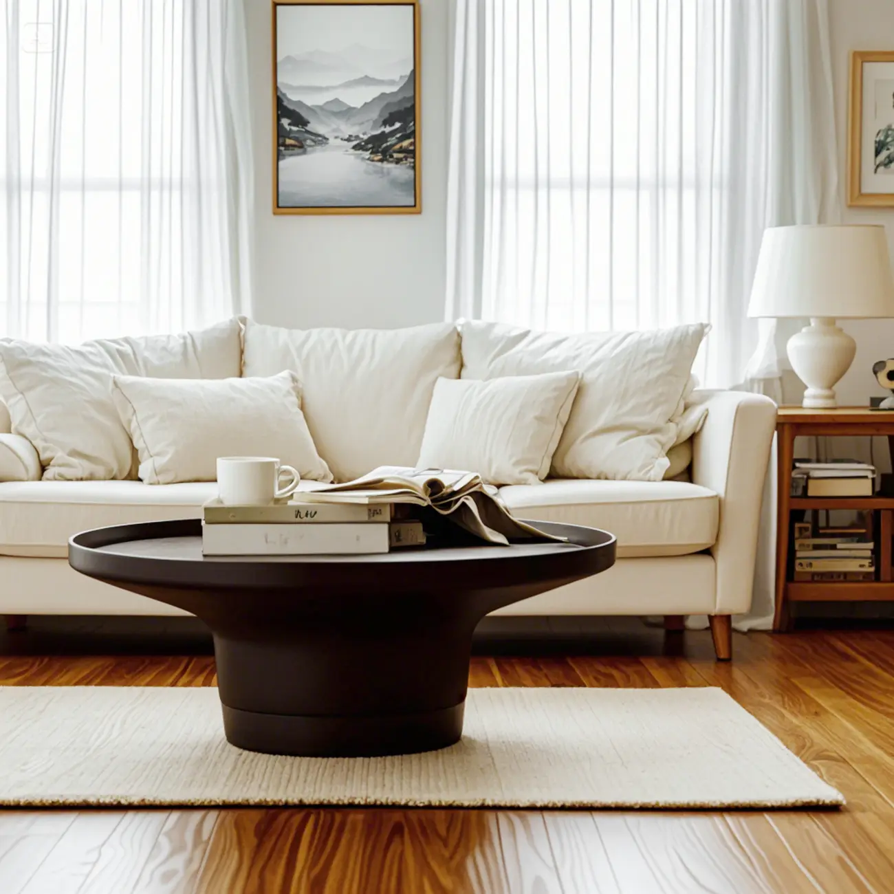 Modern Small Black Round Coffee Table with Marble Base